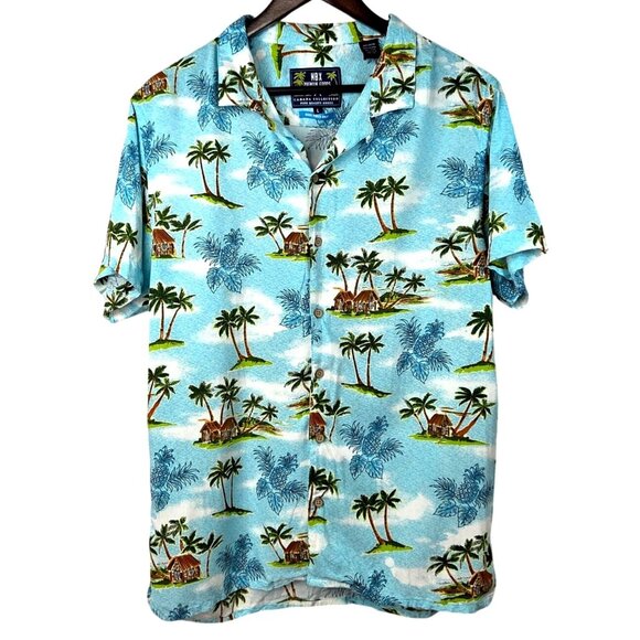 Mbx Other - MBX Cabana Collection Blue Tropical Hawaiian Palm Tree Print Button Up Shirt L